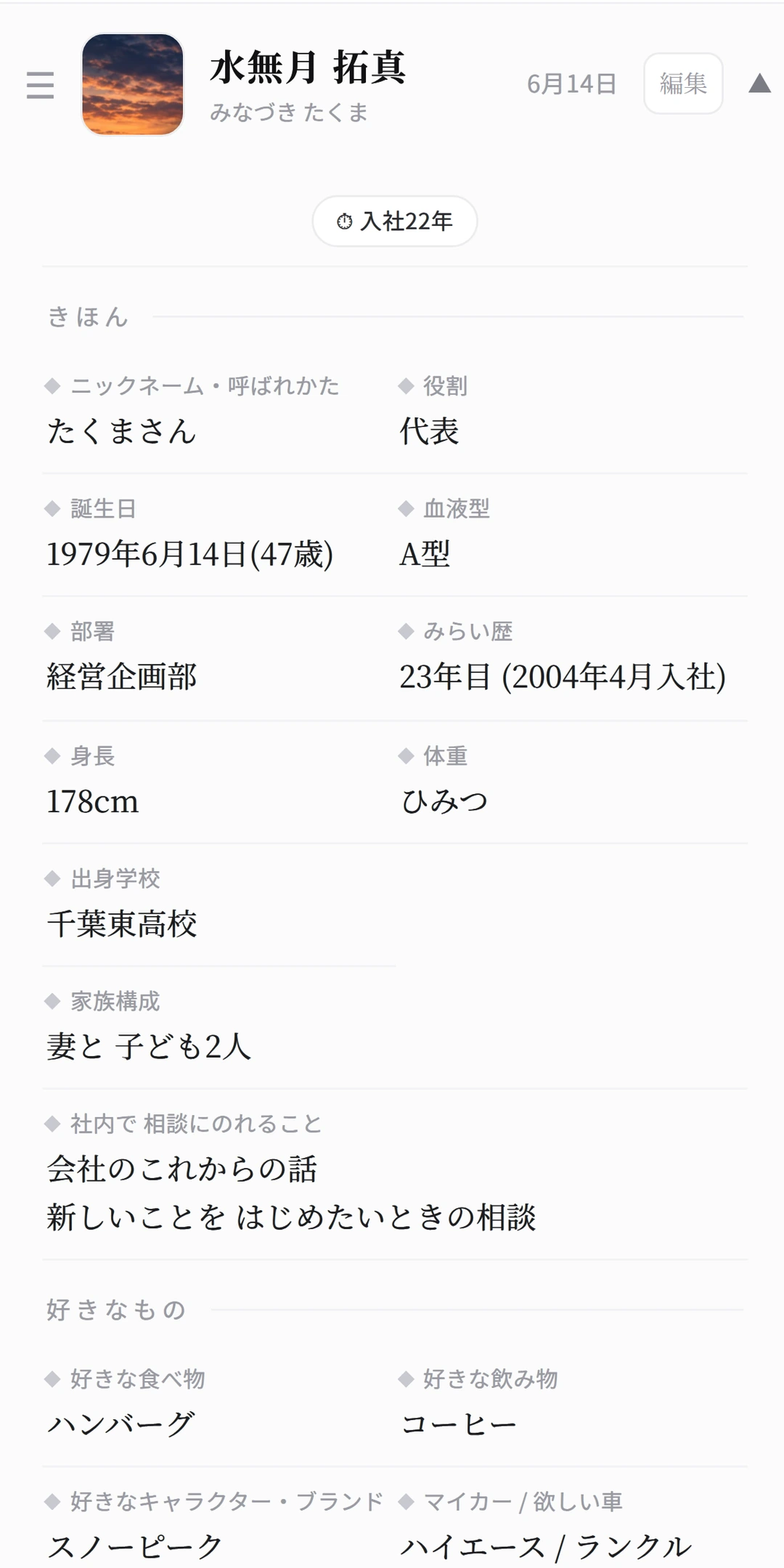ひらいたカード。プロフィールと 記録、メダルが出ている