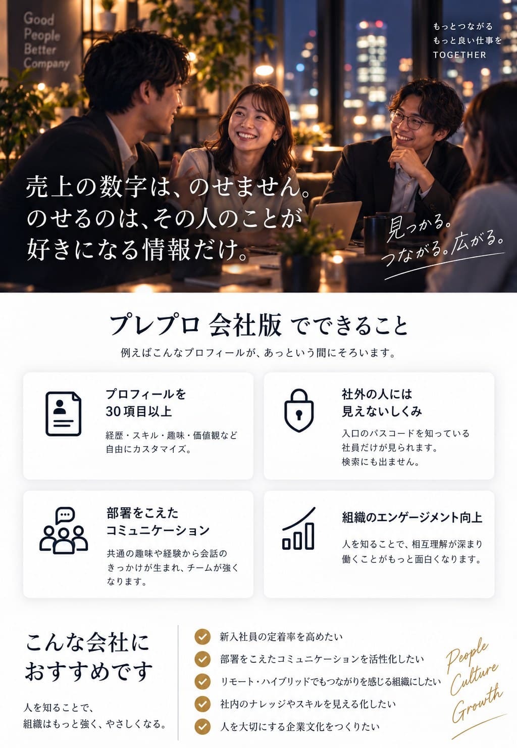 売上の数字は、のせません。のせるのは、その人のことが好きになる情報だけ。プレプロ 会社版でできること — プロフィールを30項目以上 / 社外の人には見えないしくみ / 部署をこえたコミュニケーション / 組織のエンゲージメント向上