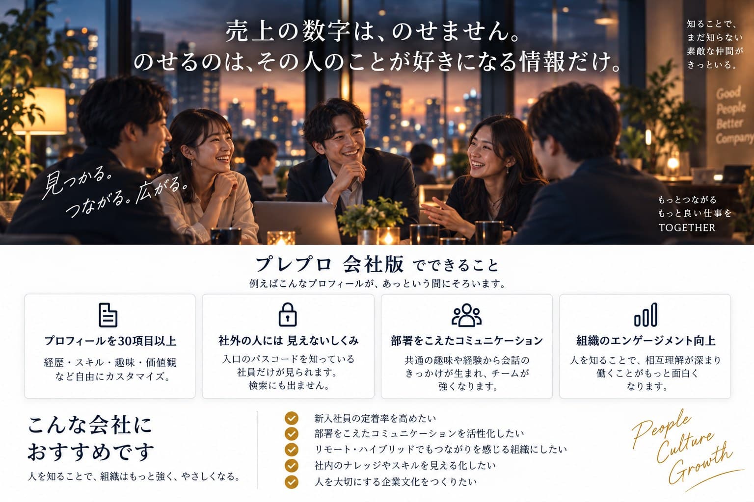 売上の数字は、のせません。のせるのは、その人のことが好きになる情報だけ。プレプロ 会社版でできること — プロフィールを30項目以上 / 社外の人には見えないしくみ / 部署をこえたコミュニケーション / 組織のエンゲージメント向上