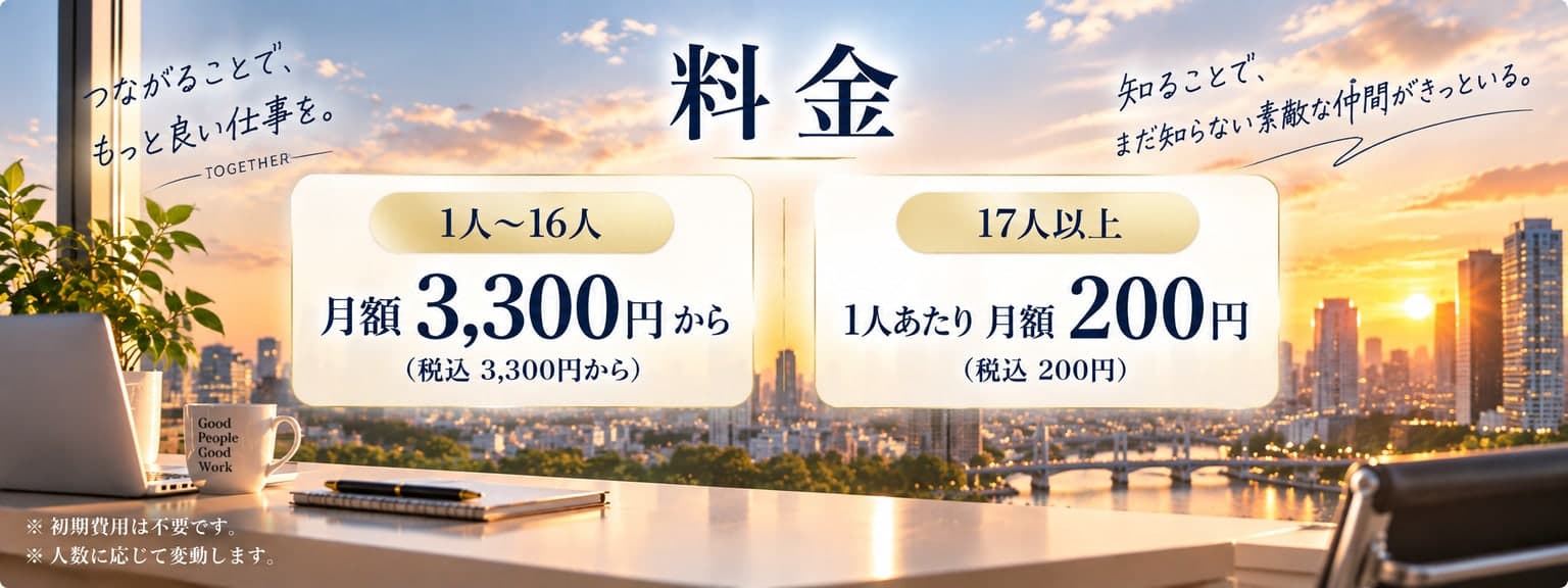 料金: 1人〜16人 月額3,300円から(税込)。17人以上 1人あたり月額200円(税込)。初期費用は不要。人数に応じて変動します。朝の光が差しこむオフィスの窓ぎわと、明るい街なみ