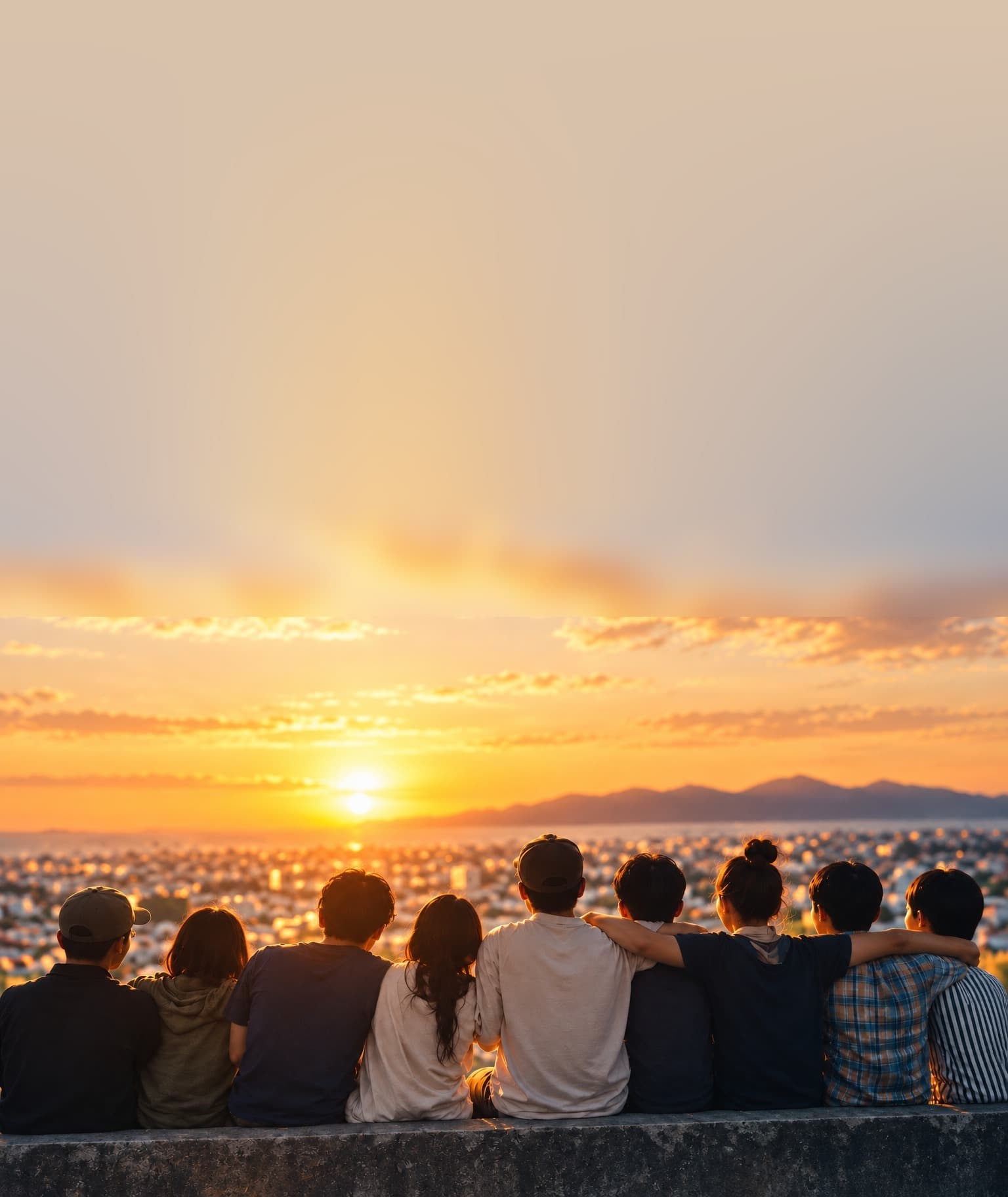 夕焼けの街を見おろす 仲間たちの後ろ姿